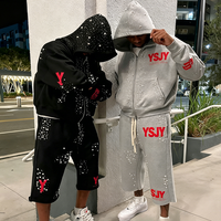Vêtements YSJY Y2k Streetwear pour hommes, ensemble de survêtement deux pièces personnalisé avec strass de luxe, veste zippée et short de jogging effet délavé