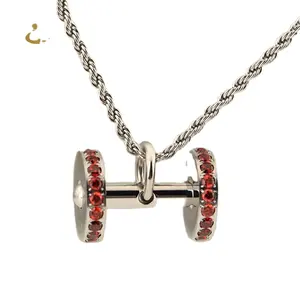 Promo Fitness Jewelry Stainless Steel Ruby Crystal Inlay Dumbbell Pendant Necklace Sport Gym Dumbbell Pendant