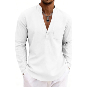 Camicia da <span class=keywords><strong>uomo</strong></span> casual in lino con perline, scollo a V ampio, monopetto, tinta unita, traspirante, senza bisogno di stiratura, per primavera/autunno, <span class=keywords><strong>taglie</strong></span> forti, per il commercio transfrontaliero - Product Image 2