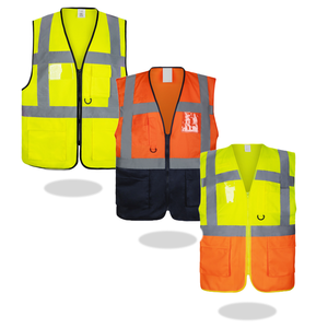 Chaleco de seguridad de alta visibilidad <span class=keywords><strong>EN</strong></span> ISO 20471 Chaleco ejecutivo de contraste 100% tejido de punto de poliéster Naranja y amarillo con bolsillos Logotipo OEM - Product Image 1