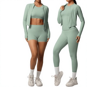 Conjunto de Yoga de 2 Piezas para Mujer, Top Corto Verde Menta, Pantalones Cortos de Cintura Alta, Ropa Deportiva sin Costuras de Spandex y Poliéster - Product Image 1