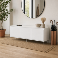 Meuble TV blanc minimaliste, console multimédia à profil bas avec pieds en métal robustes pour salon