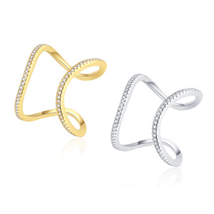 Anillo de Doble Curva en C con Incrustaciones de Diamantes, Chapado en Cobre para Mujer, Estilo Minimalista, Diseño de Línea Original, Oro, Plata, 18k - Product Image 1