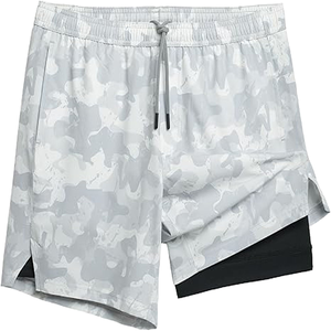 Shorts de sport et de course 2-en-1 pour hommes, taille mi-haute, respirants, camouflage, avec ceinture élastique et poches, en polyester/coton, haute qualité - Product Image 1