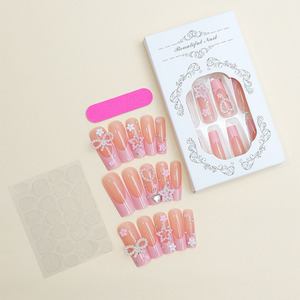 24 pièces/boîte Faux ongles extra longs rose français avec nœud et étoile, de luxe, forme cercueil, à presser, pour nail art - Product Image 4