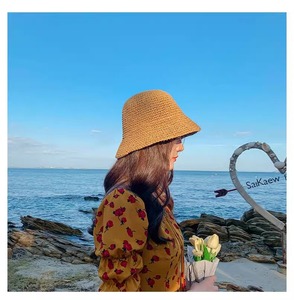 Chapeau de paille souple pliable à petit bord, style pêcheur, en crochet, fait main, mode coréenne d'été pour femme, protection solaire, uni, pour la plage - Product Image 3
