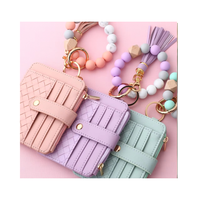Porte-cartes en cuir d'été très populaire, porte-clés bracelet perlé en silicone, porte-clés tressé à la main en perles de silicone, vente en gros