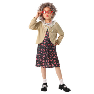 Conjunto de disfraz de abuela Jiedi para niños de 6 años, vestido estampado vintage con peluca, gafas y bastón, traje para fiesta o actuación. - Product Image 4