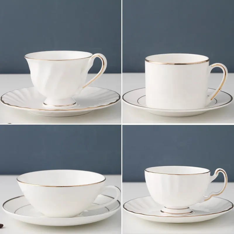 Logo personalizzato Design europeo Fine Bone China tazze da caffè in porcellana tazza da caffè in oro tazza da tè e piattini in ceramica bianca pura
