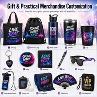 Pack de marchandises personnalisées pour fan club avec casquette, t-shirt, sac fourre-tout, porte-clés, autocollants et badges pour la promotion musicale