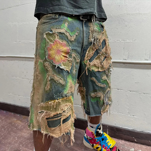 Shorts <span class=keywords><strong>en</strong></span> <span class=keywords><strong>jean</strong></span> baggy Y2K surdimensionnés, style streetwear, déchirés, délavés, avec franges, personnalisés, coupe mi-haute, décontractés, hip-hop - Product Image 2