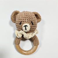 Hochet en bois et coton au crochet fait main, jouet pour bébé, motifs Lion, Lapin, Panda, Dinosaure, Éléphant, Ours, anneau de dentition en bois de hêtre tricoté