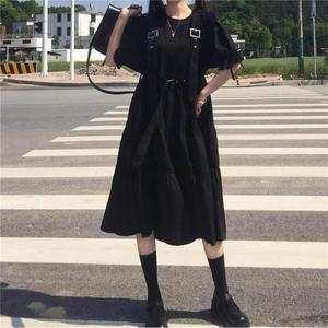Rétro petite robe noire à manches courtes 2021 été longue section était mince tempérament à la mode costume jupe robe tout match - Product Image 2