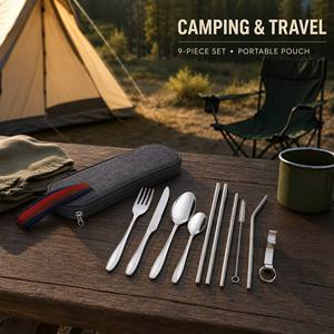 9-delige roestvrijstalen campingbestekset met draagbaar etui, rietjesborstel, eetstokjes en flesopener voor buitenreizen - Product Image 1