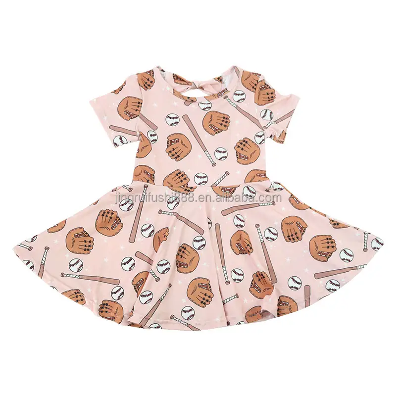 Hot Selling Baby Girl Korte Mouw Twirl Jurk Baseball Gedrukt Zomer Mode Aanpassen Boog Knopen Jurken