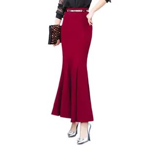 Rok panjang wanita, rok katun Maxi panjang mode ukuran Plus S 3XL gaya ekor ikan hitam merah