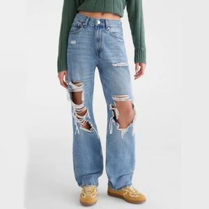 Jean déchiré taille basse personnalisé avec logo, dernière collection, pour femme, longueur cheville, style streetwear, pantalon en denim pour femme - Product Image 1