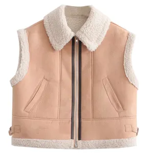 2023 Fall Winter faux leather fleece warm vest suede fur ladies sleeveless jacket waistcoat vest