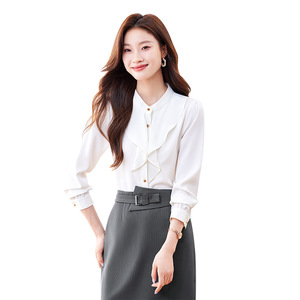 White Ruffled Blouse Women Chiffon Long Sleeve Solid Color Work Shirt Professional Office Wear Spring Autumn Style - Product Image 5