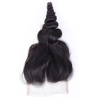 Rambut Asli Manusia Model Loose Wave 4x4 Lace Closure Tampilan Alami Belahan Tengah/Bebas  Remy Front Hair Piece Grosir
