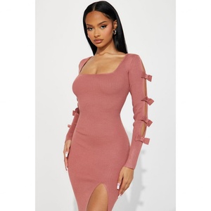 Vestido francés sexy de manga larga con abertura, cuello cuadrado y pecho cruzado de punto - Product Image 4