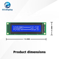شاشة LCD عالية الجودة JXD2002A-IIC STN زرقاء سالبة بواجهة IIC/I2C مع إضاءة خلفية، وحدة عرض نقطية 20*2