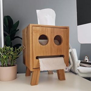 Bamboe Tissuedooshouder Met Lachend Gezicht Ontwerp Servet Thuis Opslag Organizer & Tafel Voorzien Van Papieren Handdoek Haspel Inbegrepen - Product Image 6