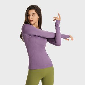 Ropa de Fitness para mujer, camiseta de <span class=keywords><strong>yoga</strong></span> de manga larga sin costuras de compresión para gimnasio, color sólido - Product Image 2