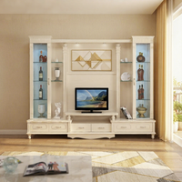 Meuble TV extensible moderne et minimaliste en bois blanc avec éclairage LED à couleur réglable et étagères, à poser au sol pour salon