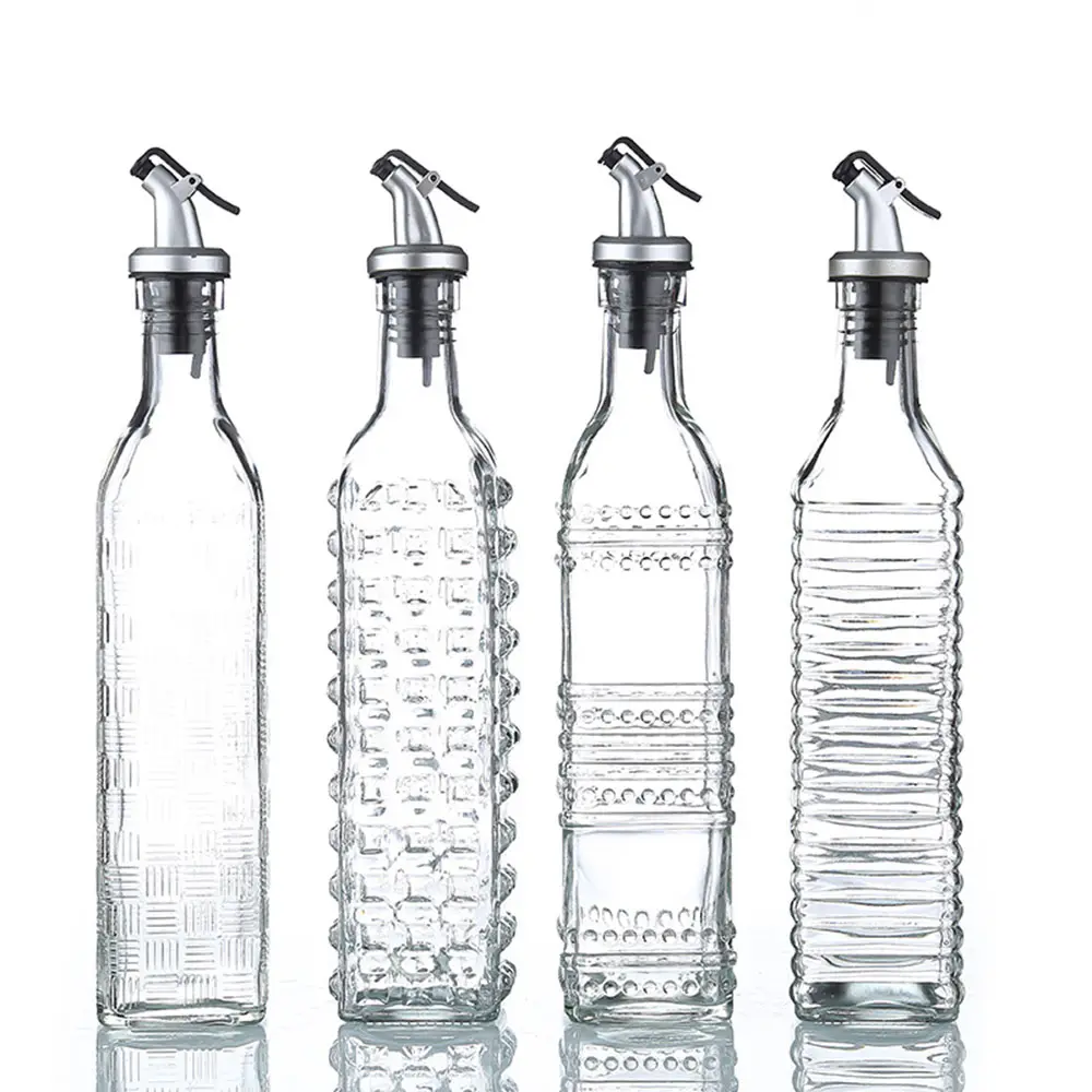 Patrón Dispensador de aceite de oliva Botella Vinagre Cruet 16oz 500ml Aceite de cocina Contenedor transparente Jarra de vidrio Vertedor de aceite Caño