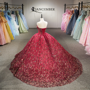 Vestidos de Quinceañera de Chifón Borgoña Dy6925 con Hombros Decorados con Cuentas, Vestido de Gala con Apliques, Lentejuelas Brillantes y Bordado Floral para Fiesta de Graduación - Product Image 5