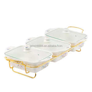 Sứ chafing món ăn tự chọn bộ 3 cái Saba Nữ Hoàng ethiopian thiết kế hình chữ nhật tự chọn gốm thực phẩm ấm hơn thiết lập với khung sắt - Product Image 1