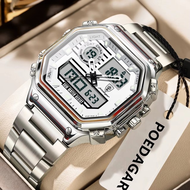 POEDAGAR 993 Square Dial Quartz Digital Watch Dual Display LED Electronic Stainless Steel Strap Luminous Calendar Watches Reloj