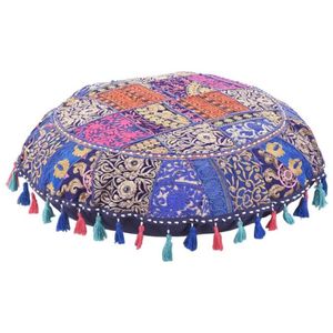 Coussin de sol rond en coton décoratif avec pompons, coussin de sol en coton patchwork avec franges - Product Image 1