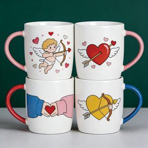 Tasses en céramique pour la Saint-Valentin - Design mignon <span class=keywords><strong>Cupidon</strong></span>, cœur avec flèche, mains de couple, tasses à café colorées avec poignée en forme de cœur - Product Image 1