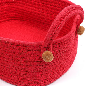 Ensemble de 3 paniers de rangement en coton tissé rond multicolores Pompons rouges pour cadeau de Noël - Product Image 4