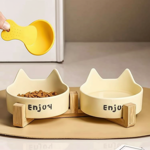 Toptan Özel Yeni Çevre Dostu Sevimli Kedi Kulağı Tasarımlı Kullanımı Kolay Seramik Yükseltilmiş Kedi Mama ve Su Kabı Standlı - Product Image 3