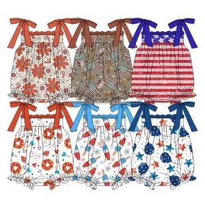 2024 Mixed Pattern Toddler Baby Sleeveless Lace Up Rompers Custom 4th of July Print Wrinkle Leotards for Kids Girls
