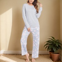 Ensemble pyjama pour femmes en tricot respirant à col en V, taille élastique, deux pièces, manches longues, pantalon imprimé avec logo sur le devant, automne-hiver