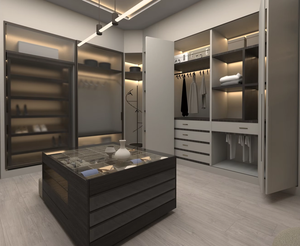 Dressing moderne de luxe avec îlot central, meuble de présentation et vasque, en aggloméré décoratif <span class=keywords><strong>EGGER</strong></span> foncé, grain de <span class=keywords><strong>bois</strong></span>, et armoire en verre - Product Image 2