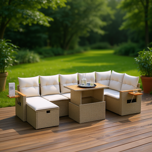 Ensemble de canapés de jardin en rotin beige avec accoudoirs réglables, 6 places, mobilier d'extérieur, design contemporain, ensemble de jardin - Product Image 2