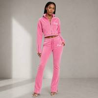 Ensemble de survêtement Y2K rose en velours personnalisé, veste courte zippée et pantalon évasé taille haute, avec logo imprimé – Fabricant de vêtements