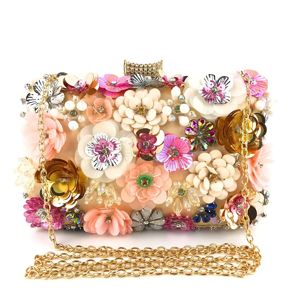 Luxury bling party floral crystal beaded clutch bridal flower shape lady purses evening bags