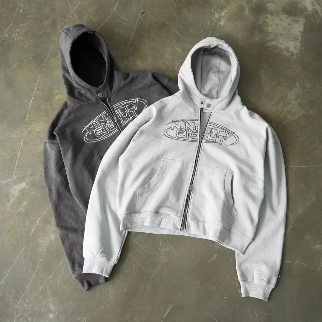 Hoodie ritsleting atas desain kustom hoodie produsen hoodie ukuran ekstra besar katun bordir distressed