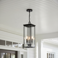 Lámpara Colgante de Techo para Exteriores, 3 Luces, Hierro Negro, Rectangular, Bombilla E12, Impermeable, Altura Ajustable, Regulable, para Porche, Puerta Principal, Techo Alto