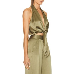 Nuevo Conjunto de Satén para Mujer, Top Corto Sexy con Escote en V Profundo y Pantalones Anchos de Cintura Alta - Product Image 2