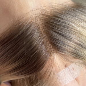 Light Blonde Rooted Swiss Lace Toupee 1.5x12'' Human Hair Piece 130% Density Center Part Straight Virgin Hair <b>Bleached</b> Knots - Product Image 6