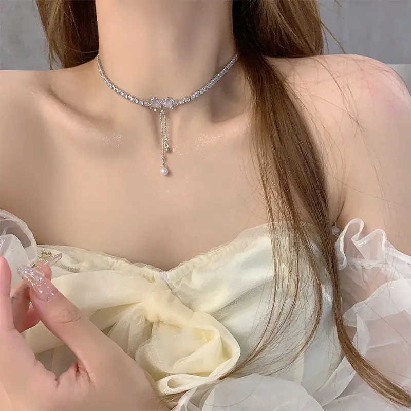 Kragen De Lazo Frauen Mode Bling Kristall Bogen Halskette Damen Party Schmuck Diamant Halsreif Quaste Bogen Halskette