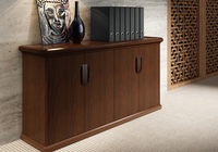 Meuble de bureau exécutif en bois grainé avec portes en verre trempé, étagères ouvertes et rangement inférieur verrouillable