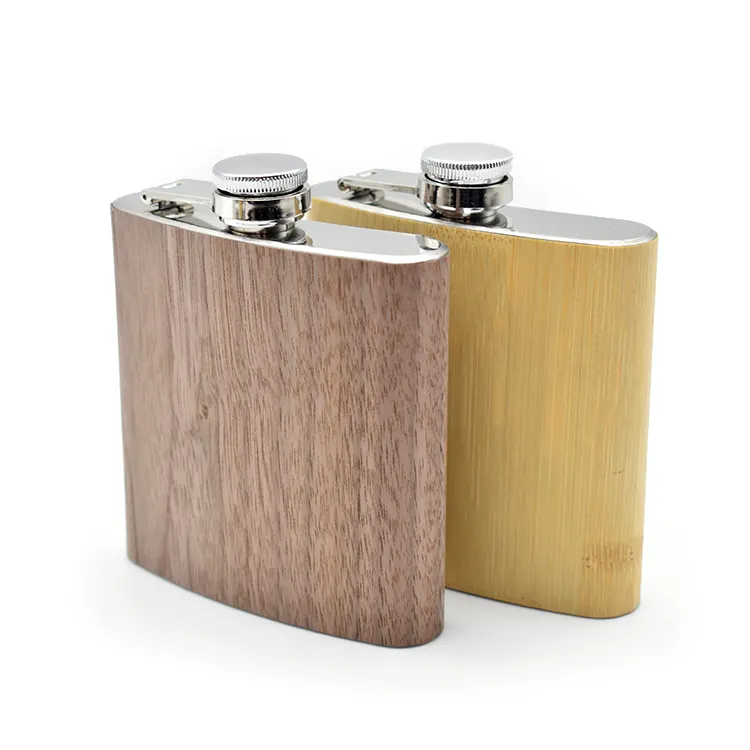 Laser LOGO ukiran 6OZ kayu bambu Grain kulit Flask wiski anggur botol portabel kayu baja nirkarat Hip Flask